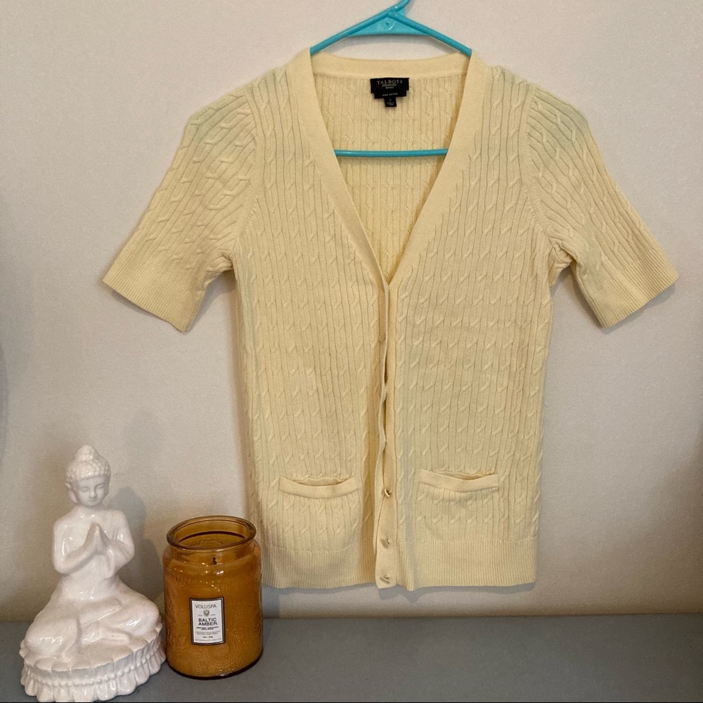 Talbots pale yellow/cream short sleeve cable knit cardigan